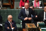 Barnaby Joyce buttons his jacket as he stands by Malcolm Turnbull during Question Time.