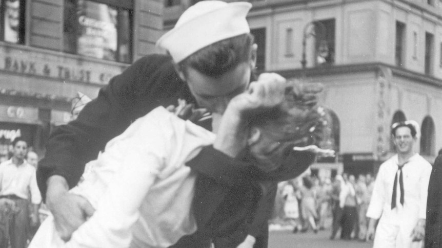The famous black and white photo of a sailor kissing a nurse in Times Square to celebrate V-J Day in 1945.
