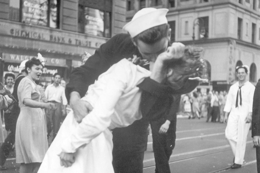 The famous black and white photo of a sailor kissing a nurse in Times Square to celebrate V-J Day in 1945.