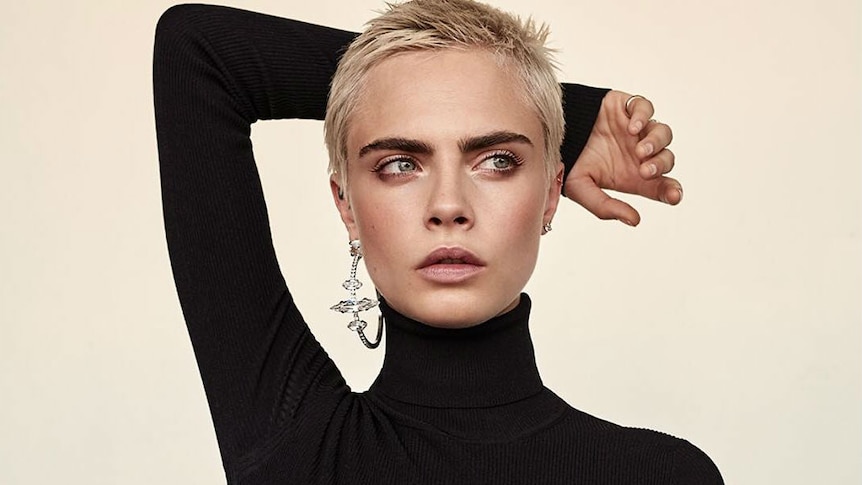 A modelling shot of Cara Delevingne for a story about what you need to know about eyebrow tattooing techniques like microblading