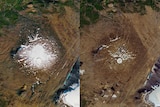 A photo taken in September 1986 (left) and August 2019 (right) shows the shrinking of the Okjokull glacier in Iceland.