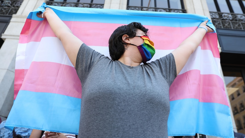 Person wearing rainbow face mask is seen from below looking up, holding outstretched trans flag, striped blue, pink and white.