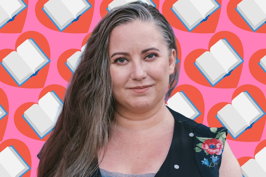 A styled image of author Jodi McAlister smiling slightly at the camera, with a background of books in love hearts.