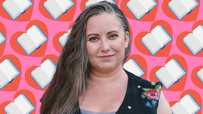 A designed image of Jodi McAlister, the author smiling slightly into the camera, with a background of books inside love hearts.