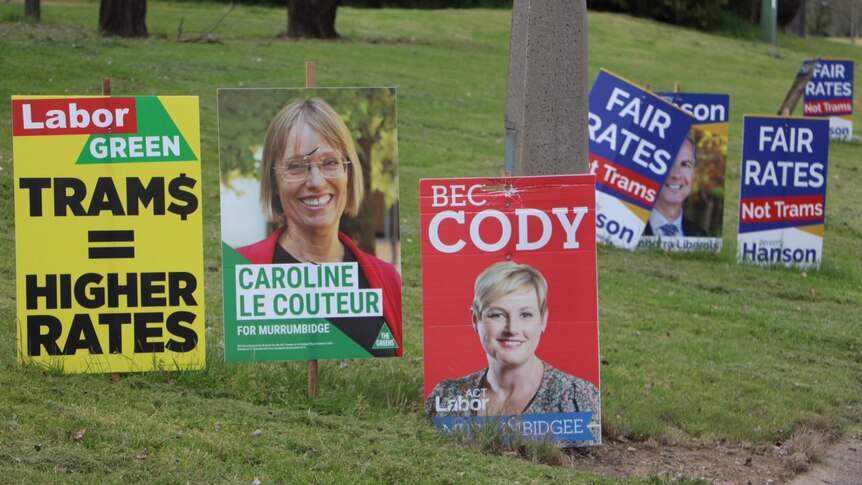 Roadside political signs at Woden ACT ahead of Legislative Assembly election