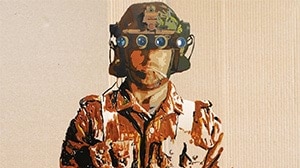 Painting of a soldier, modelled by Rory Cushnahan. He is wearing a combat vest, vision googles and a helmet