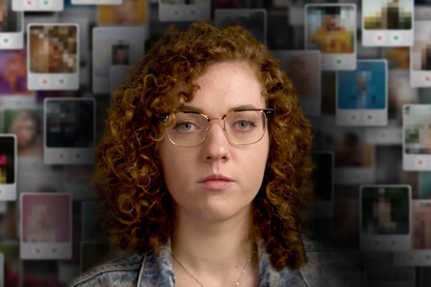 Young woman looking at camera against a background of Tinder profiles.