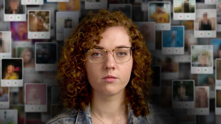 Young woman looking at camera against a background of Tinder profiles.