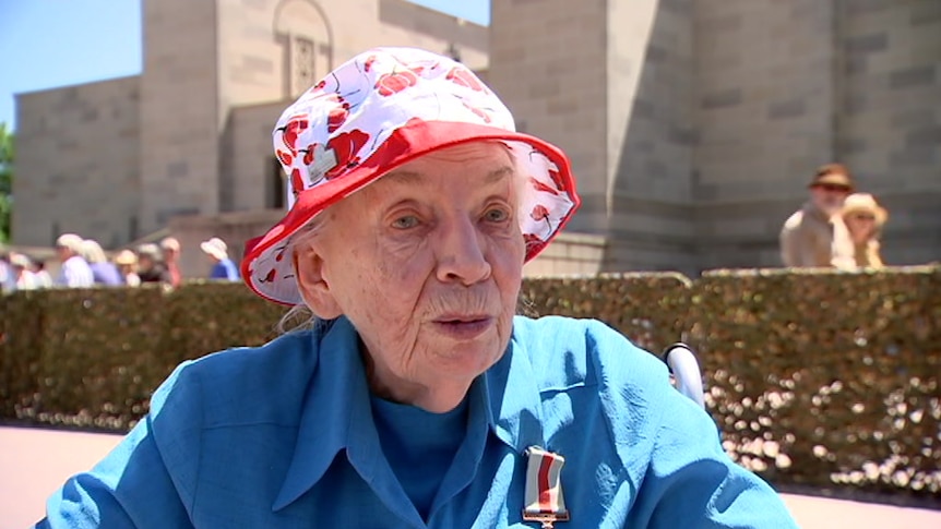 Daphne Tongue sits out the front of the Australian War Memorial and talks about her parents.