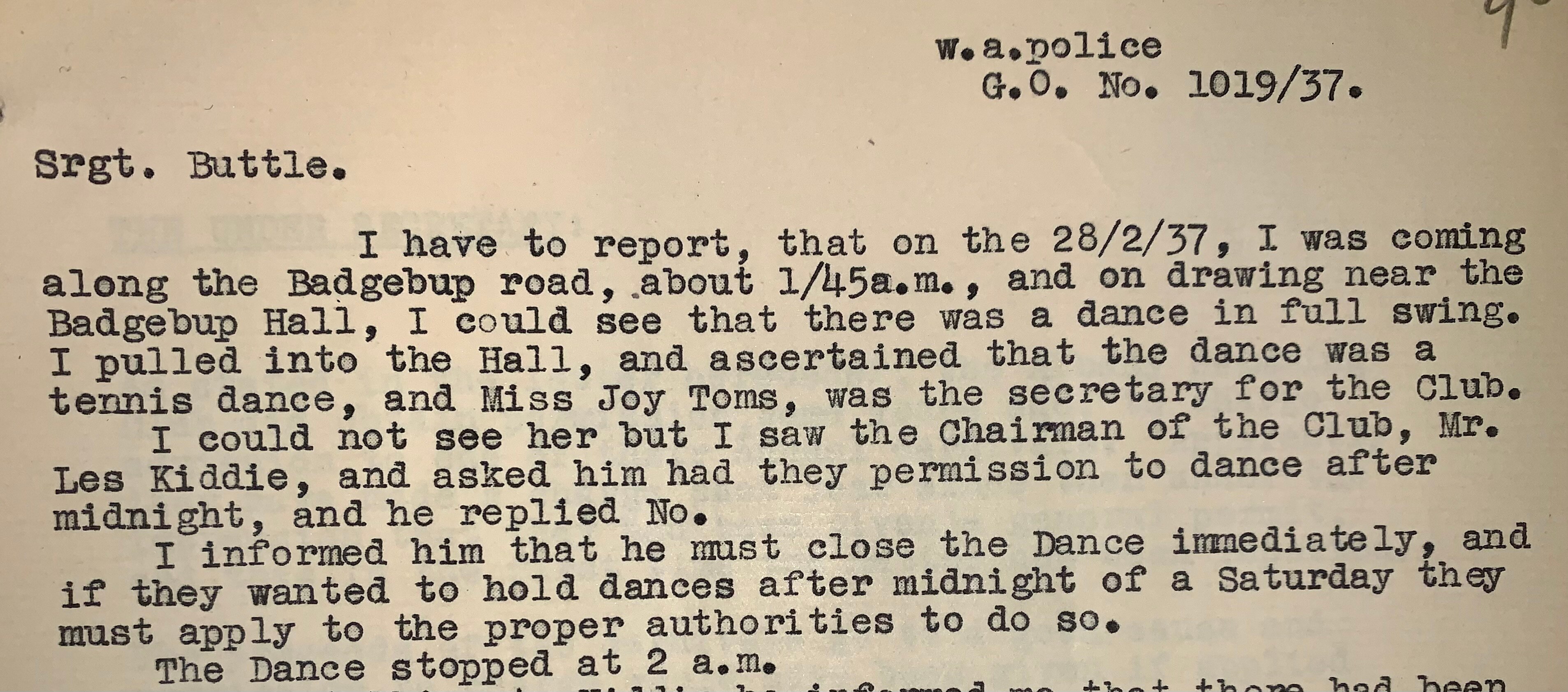 WA police report from 1937 on unauthorised dancing