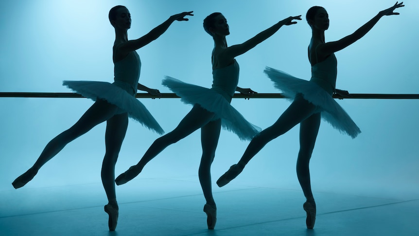 Three silhouetted ballet dancers wearing tutus pose with one arm and one leg diagonally outstretched.