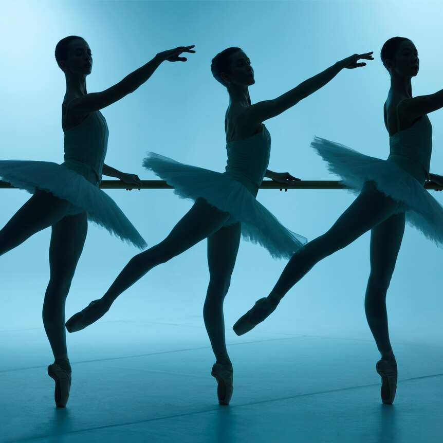 Three silhouetted ballet dancers wearing tutus pose with one arm and one leg diagonally outstretched.