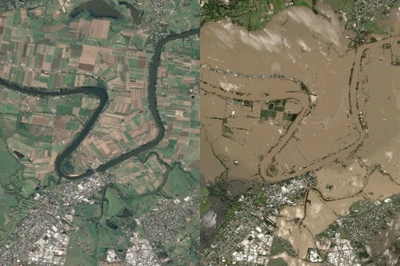 Satellite images next to each other. One of green and brown paddocks and the other of brown flood water everywhere.