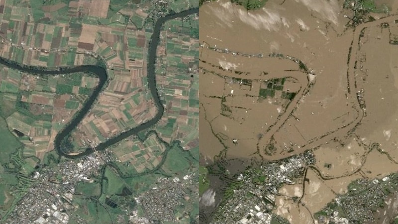Satellite images next to each other. One of green and brown paddocks and the other of brown flood water everywhere.