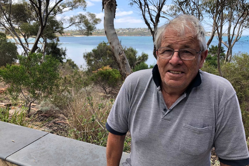 A man in a blue shirt sits on a brick fence with the ocean and trees behind him