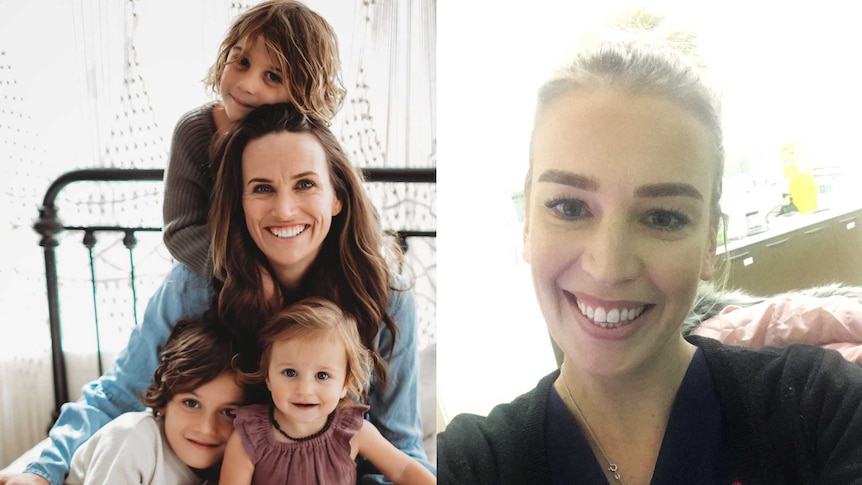 Penny Chalhoub sits on a bed with her three kids, while Sarah Dunn wears her nurse uniform.