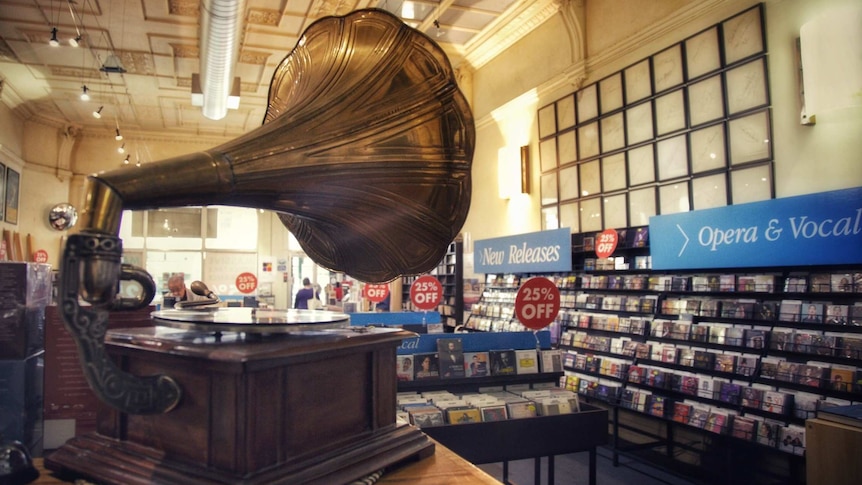 An old-fashioned gramophone record player inside Thomas' music shop.