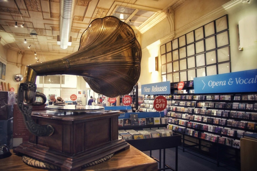 An old-fashioned gramophone record player inside Thomas' music shop.
