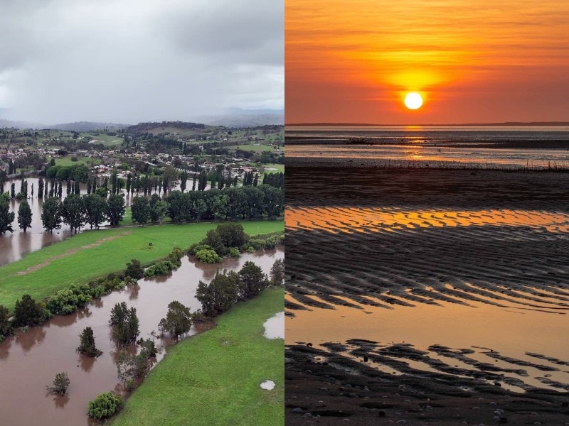a composite image one showing a flooded are with trees an looking green the other a sunset after a hot day