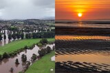 a composite image one showing a flooded are with trees an looking green the other a sunset after a hot day