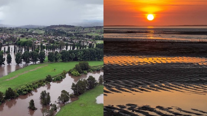 a composite image one showing a flooded are with trees an looking green the other a sunset after a hot day