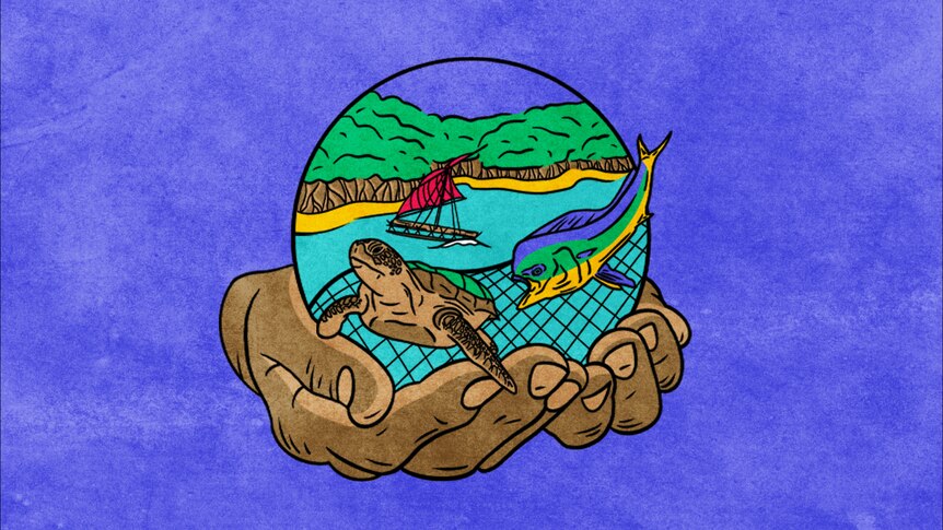 Two hands hold a circle containing a turtle, an island, a fish and a boat.