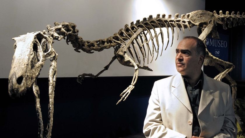 Paleontologist Fernando Novas stands next to a replica of the dinosaur Austroraptor cabazai