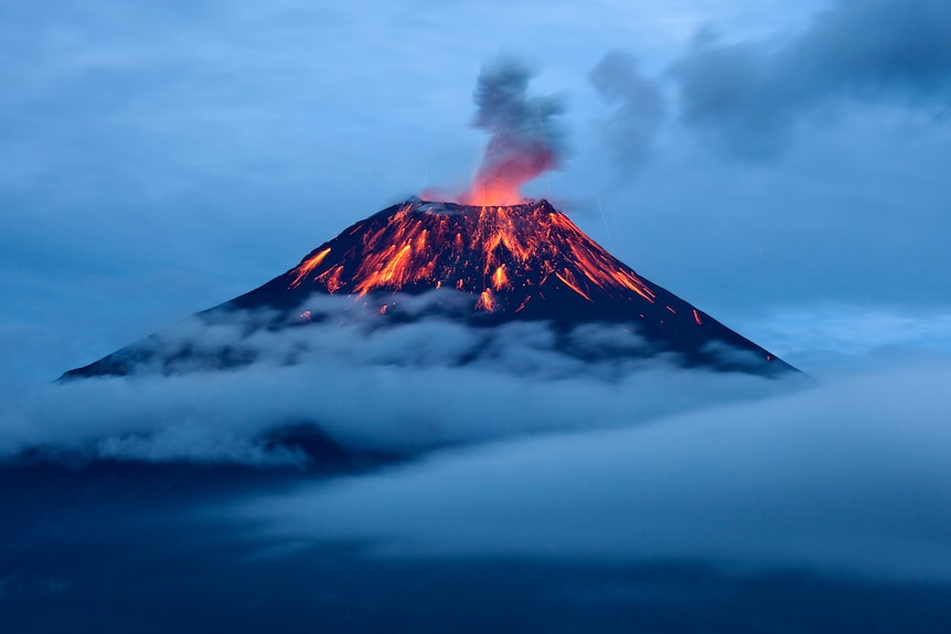 A volcano at dusk.