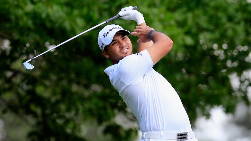 Jason Day reacts to a tee shot during the final round of the US Masters in Augusta in April 2014.