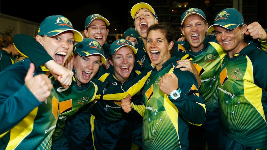 Australian players celebrate clinching the Women's Ashes series against England in Hove