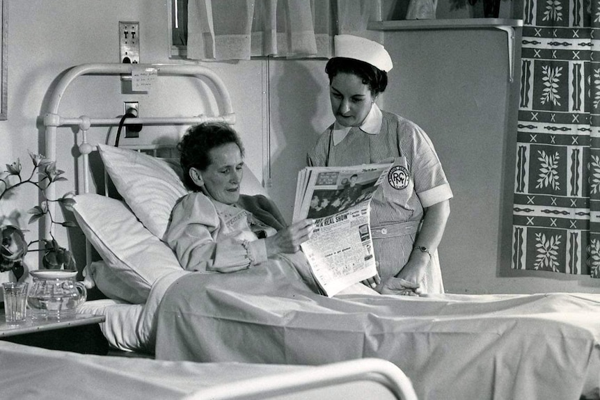 1954 black and white photo of a nurse, patient at Peter MacCallum Hospital