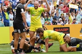 James Stannard celebrates an Australian try during this year's Sydney 7's rugby competition