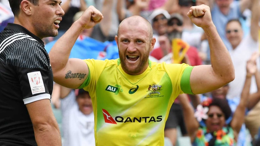 James Stannard celebrates an Australian try during this year's Sydney 7's rugby competition