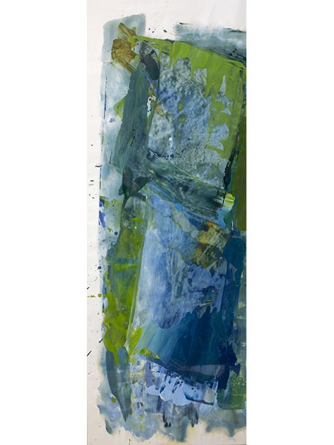 A green and blue artwork by Barbara Mackay with a white backdrop. 
