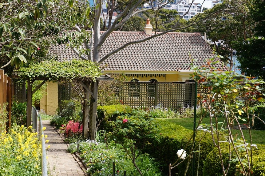 A cottage-style garden grows in front of a yellow house in Sydney.
