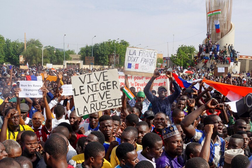A crowd of hundreds in the country Niger gathering on a sunny day with signs saying vive le niger vive la russie 