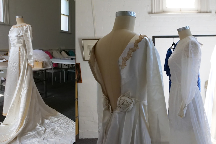 Three mannequins wearing white vintage wedding dresses
