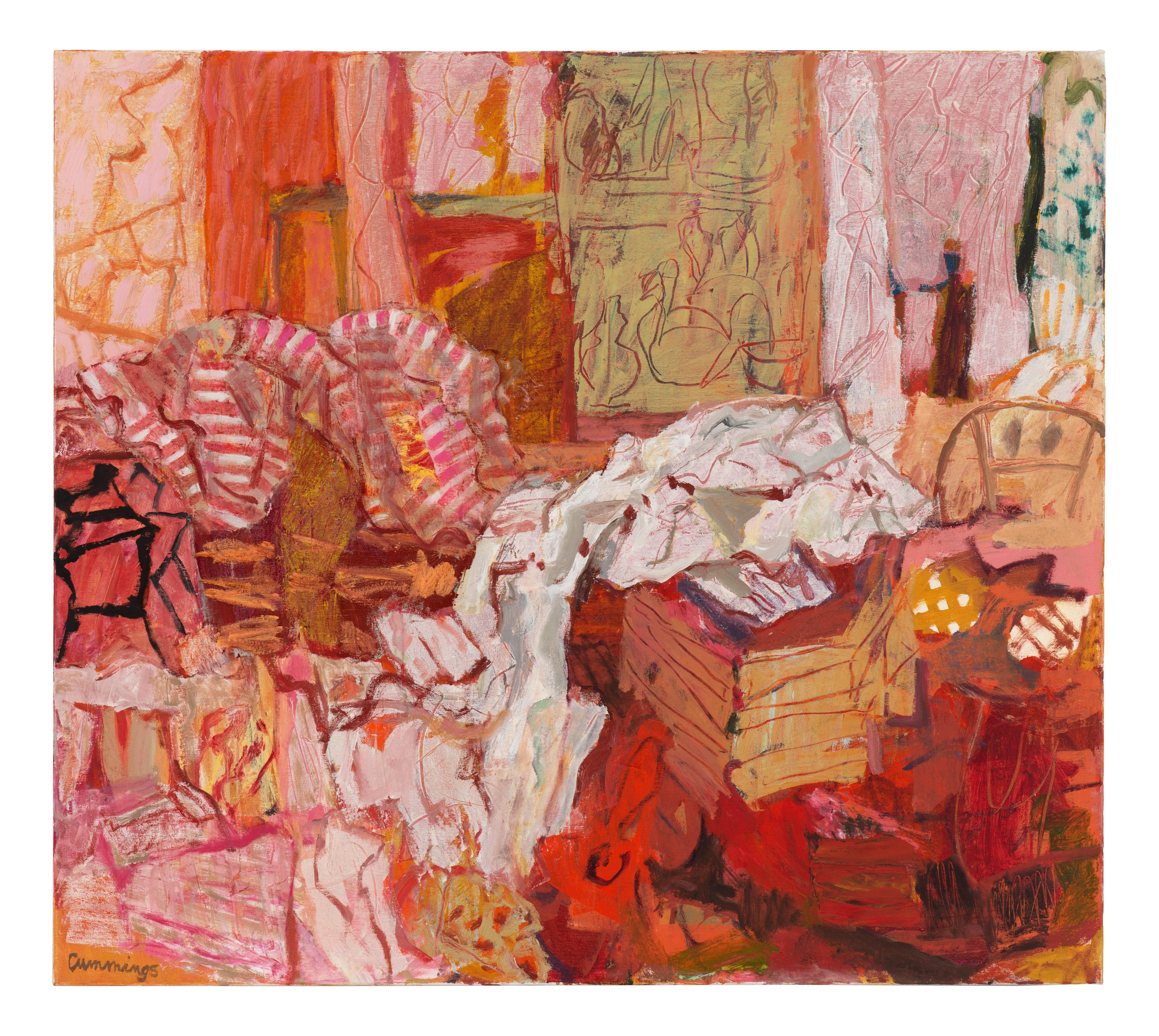 A painting of a messy space with pinks and reds and white. 