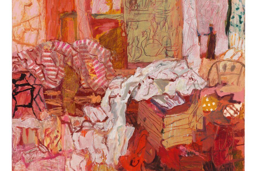 A painting of a messy space with pinks and reds and white. 
