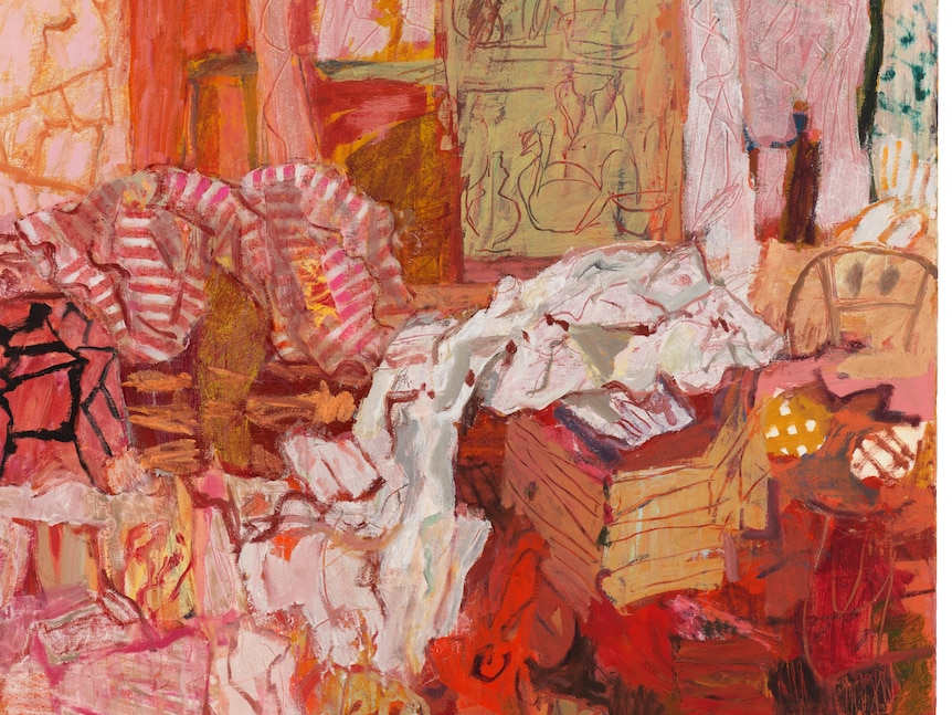 A painting of a messy space with pinks and reds and white. 