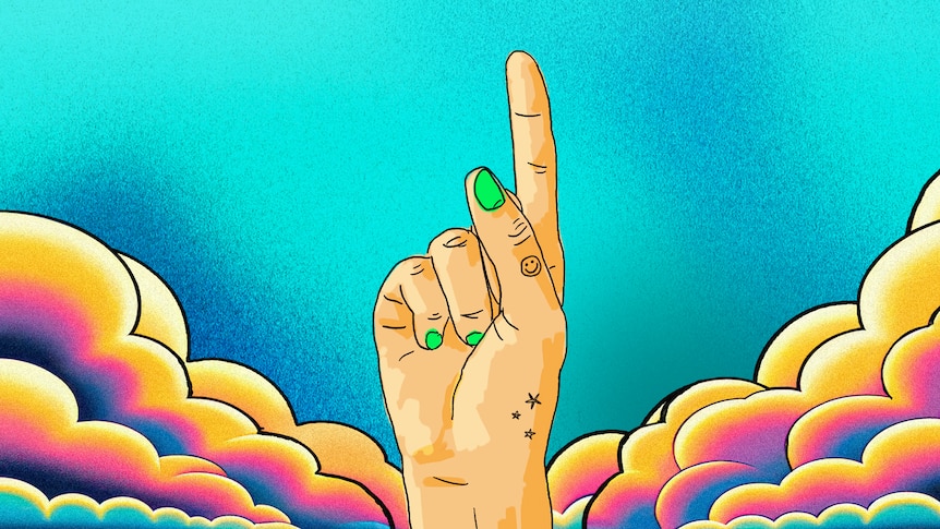 Hand holding up one finger is on a blue background with yellow and pink clouds