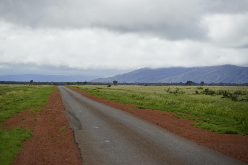 bitumen road surrounded by green grass, low clouds cover mountain in the distance