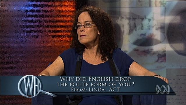 Presenters sit on set, text overlay reads "Why did English drop the polite form of 'you'?"