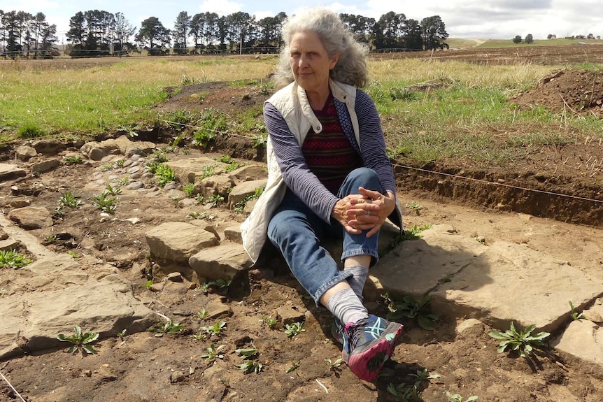 A woman with long grey hair sits on sandstone blocks at an archaeology dig in a paddock.