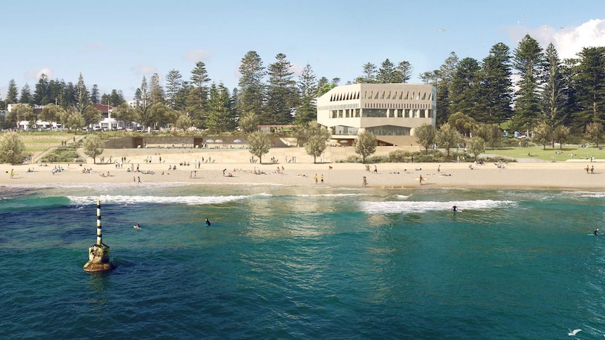 An artist impression of a building on a beach.