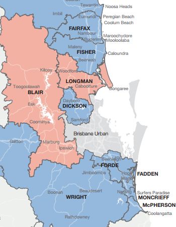 Current boundaries and party holdings north of Brisbane.
