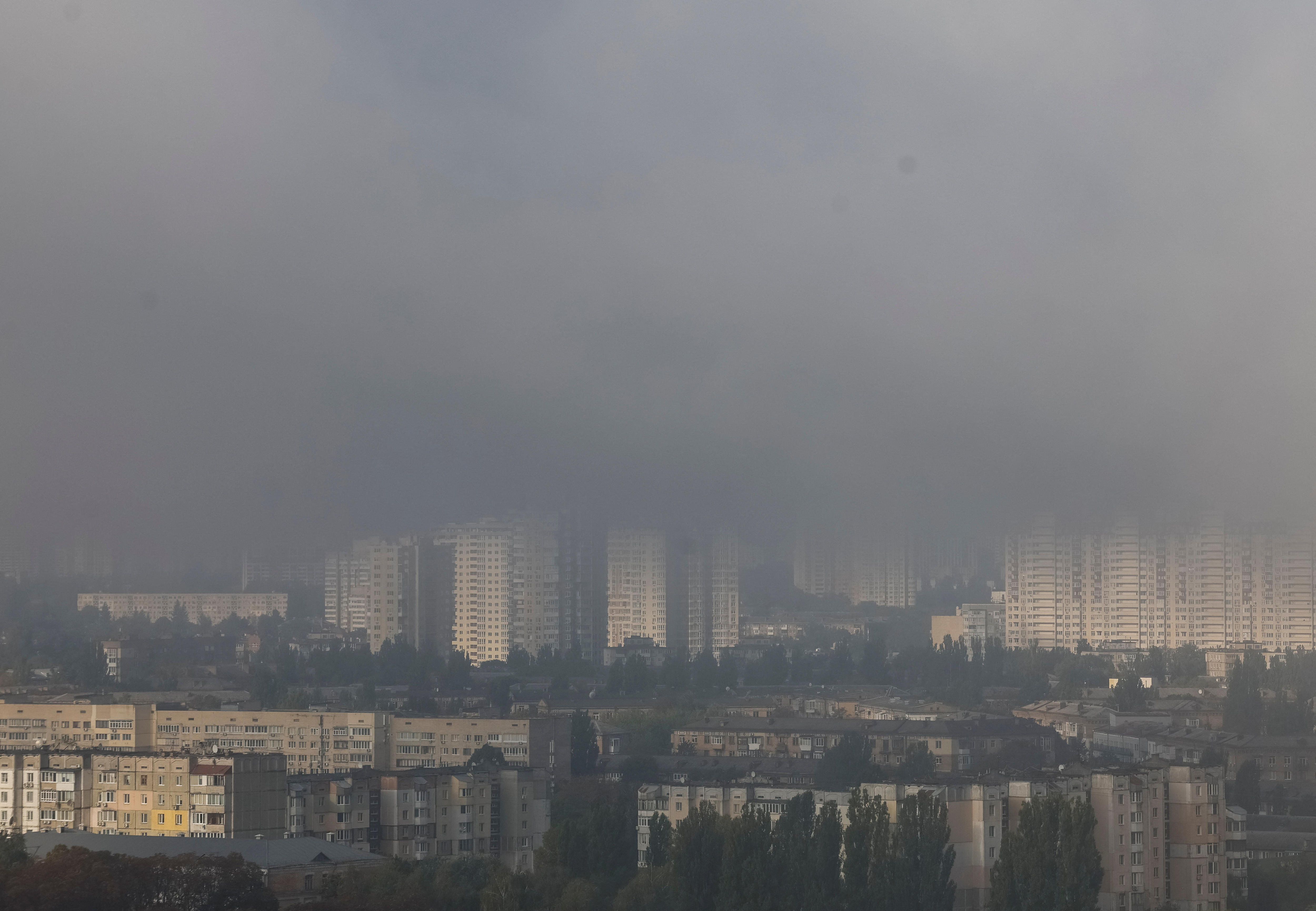 A smoke haze across the skyline of Kyiv.