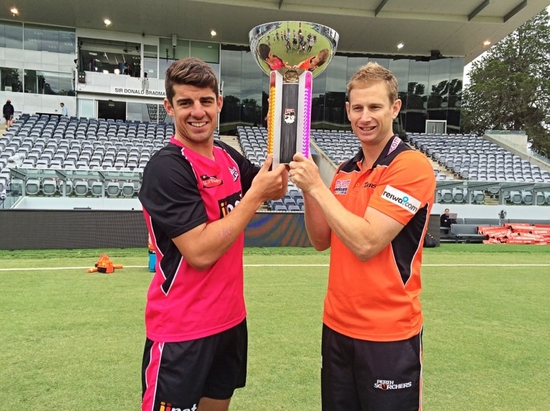 Sydney Sixers captain Moises Henriques (left) and Perth Scorchers captain Adam Voges (right) at Canberra's Manuka Oval.