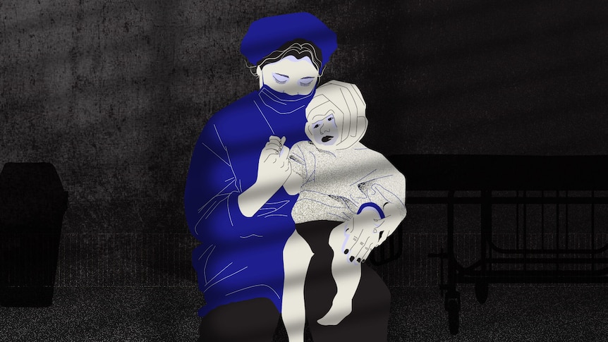 Illustration of a women in blue clothes holding a baby with a bandaged head against a black grey background