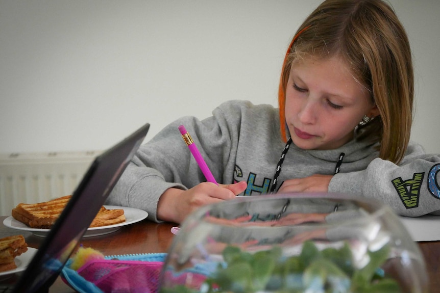 Matilda Brown wearing a grey hoody, sitting at the kitchen table writing with a bright pink pencil.